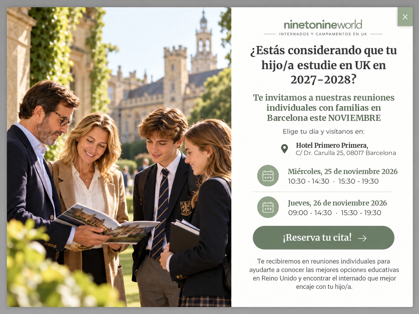 ninetonineworld te invita a sus reuniones individuales con familias en Barcelona: 25 y 26 de noviembre de 2026 en el Hotel Primero Primera