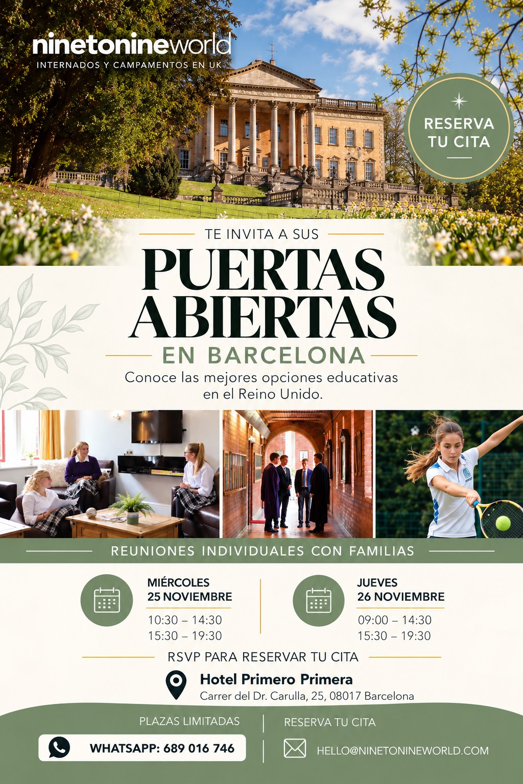 Cartel de las puertas abiertas de ninetonineworld en Barcelona: reuniones individuales con familias el 25 y 26 de noviembre en el Hotel Primero Primera